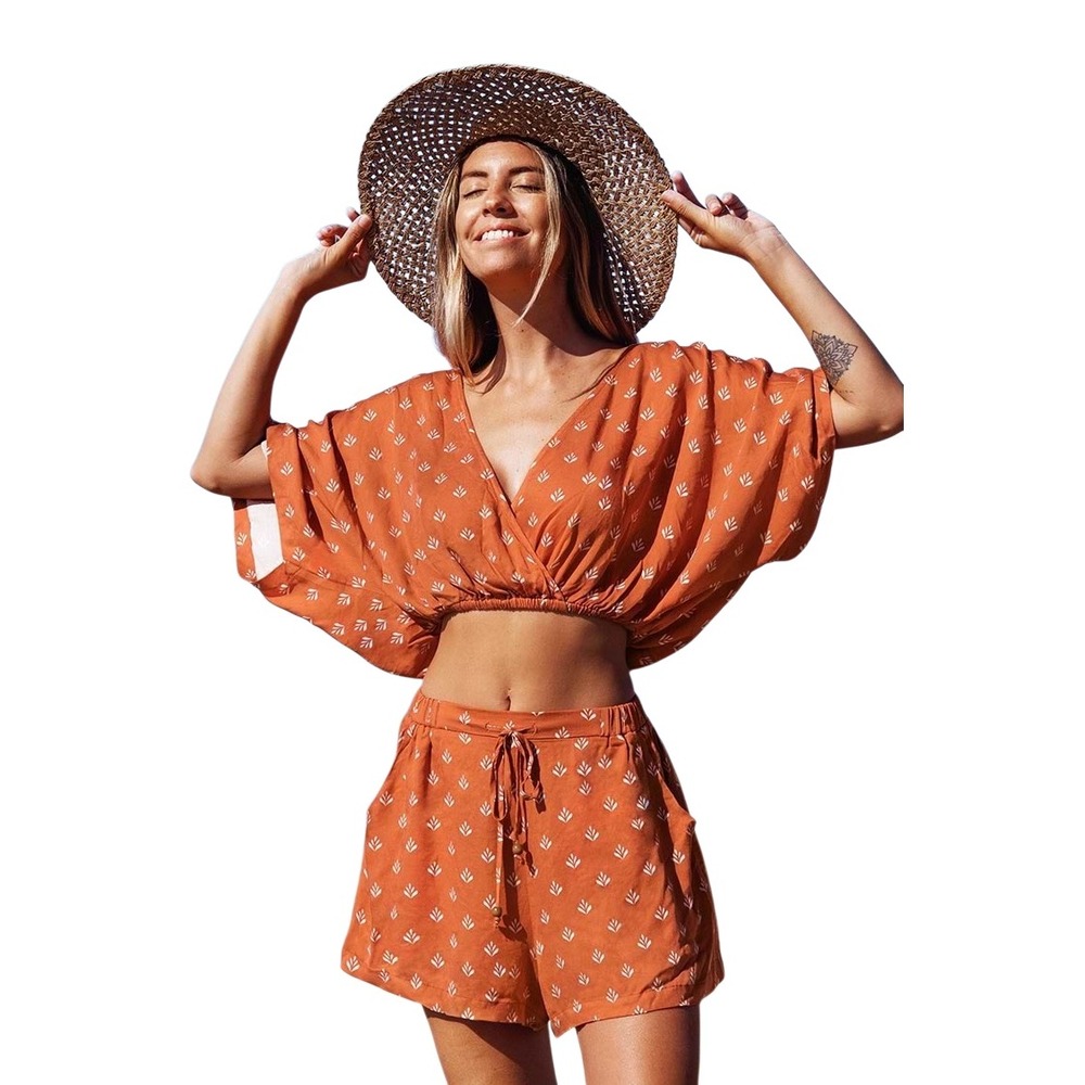 Cupshe Coverup Orange Smocked Waist Crop Top & Drawstring Shorts Set/Cover Up